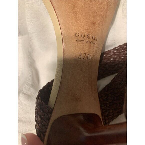 Gucci Authentic Brown Beige Leather Braided Medium Heel Sandals Slides 7 C - Picture 8 of 8